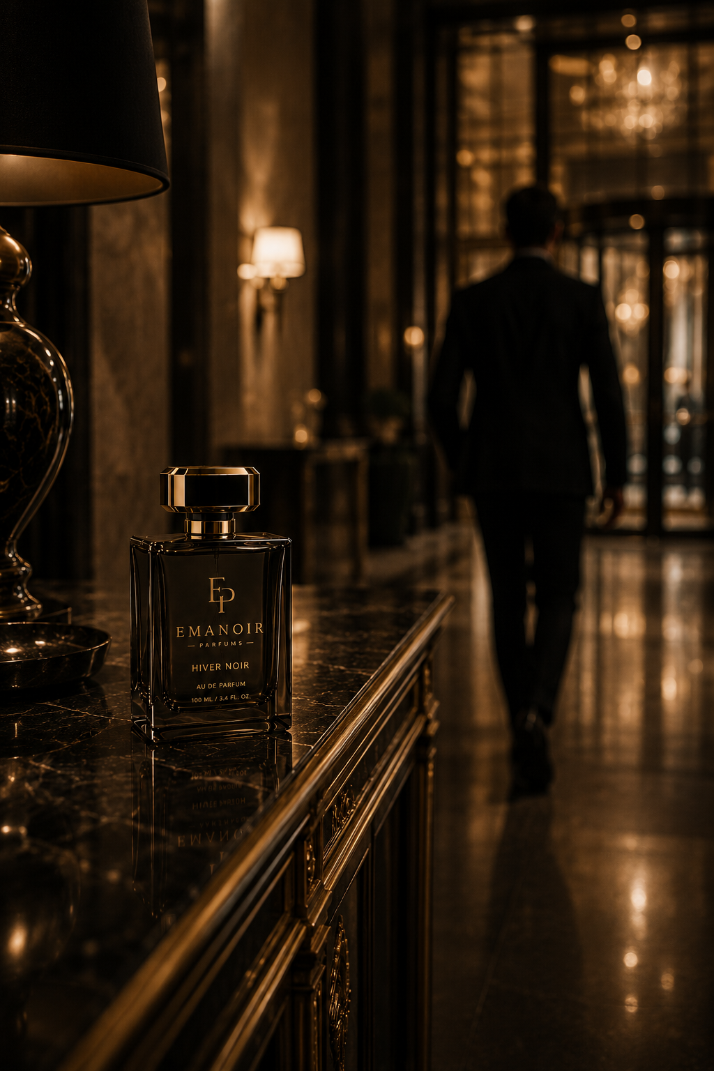 EMANOIR HIVER NOIR in een hotellobby bij kaarslicht, met een figuur die wegloopt